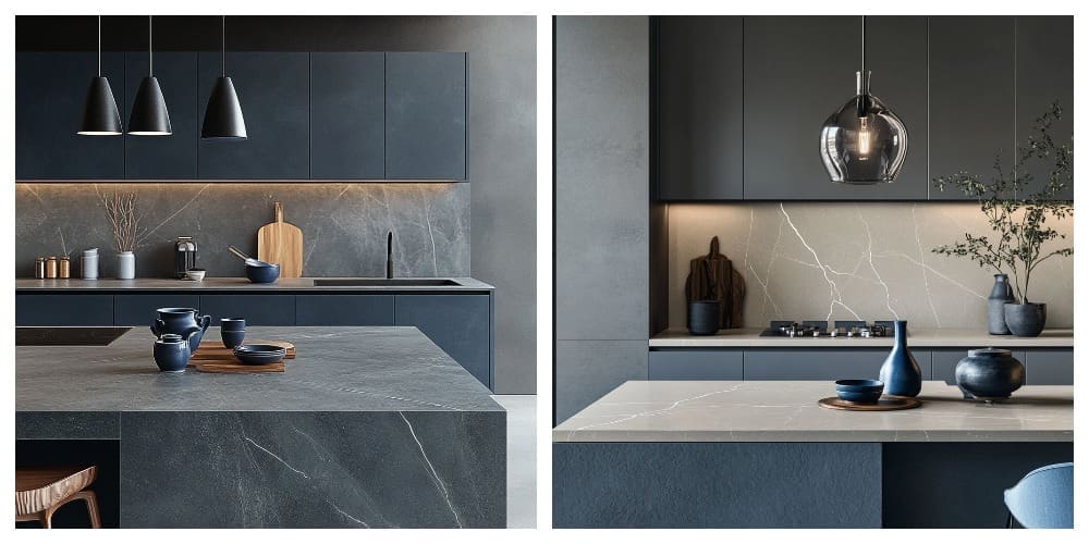Gray countertops with the deep blue shade Faience