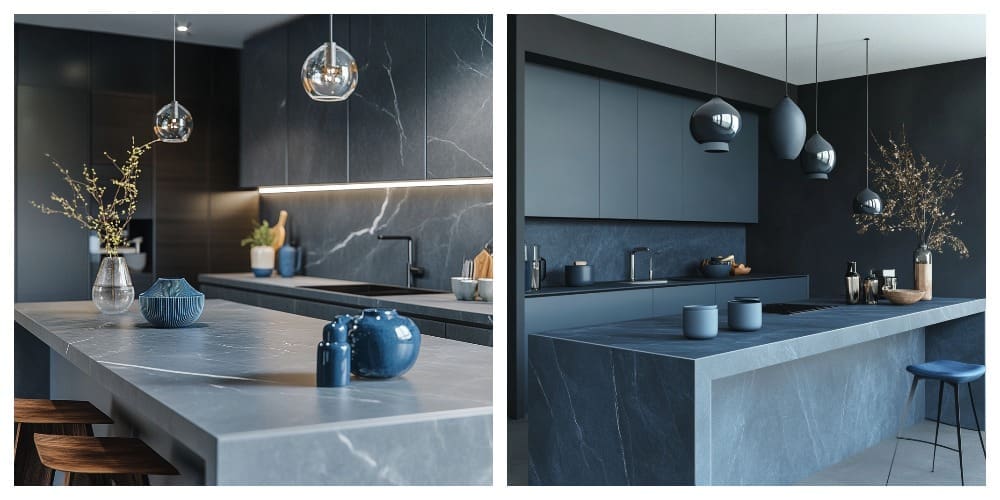 Gray countertops with the deep blue shade Faience