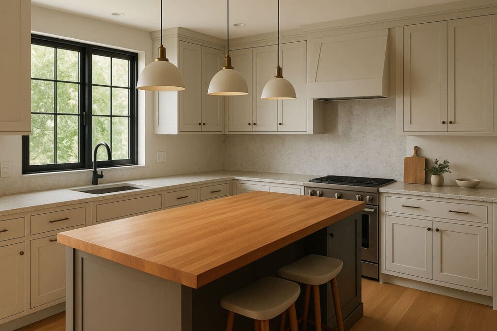 butcher block and granite countertops in kitchen